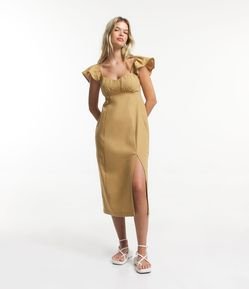 Vestido Midi em Linho com Franzido no Busto e Babadinho na Manga
