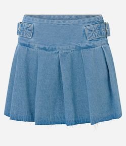 Saia Curta Jeans com Pregas e Fivelas