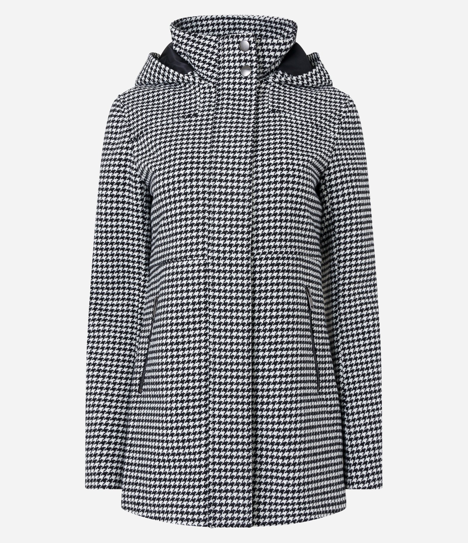 Casaco Longo em Polivelour Pied de Poule com Capuz Preto/Branco 5