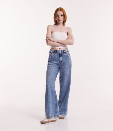 Calça Wide Leg Jeans com Passantes Deslocados Menor preço em Calça Wide Leg Jeans com Passantes Deslocados