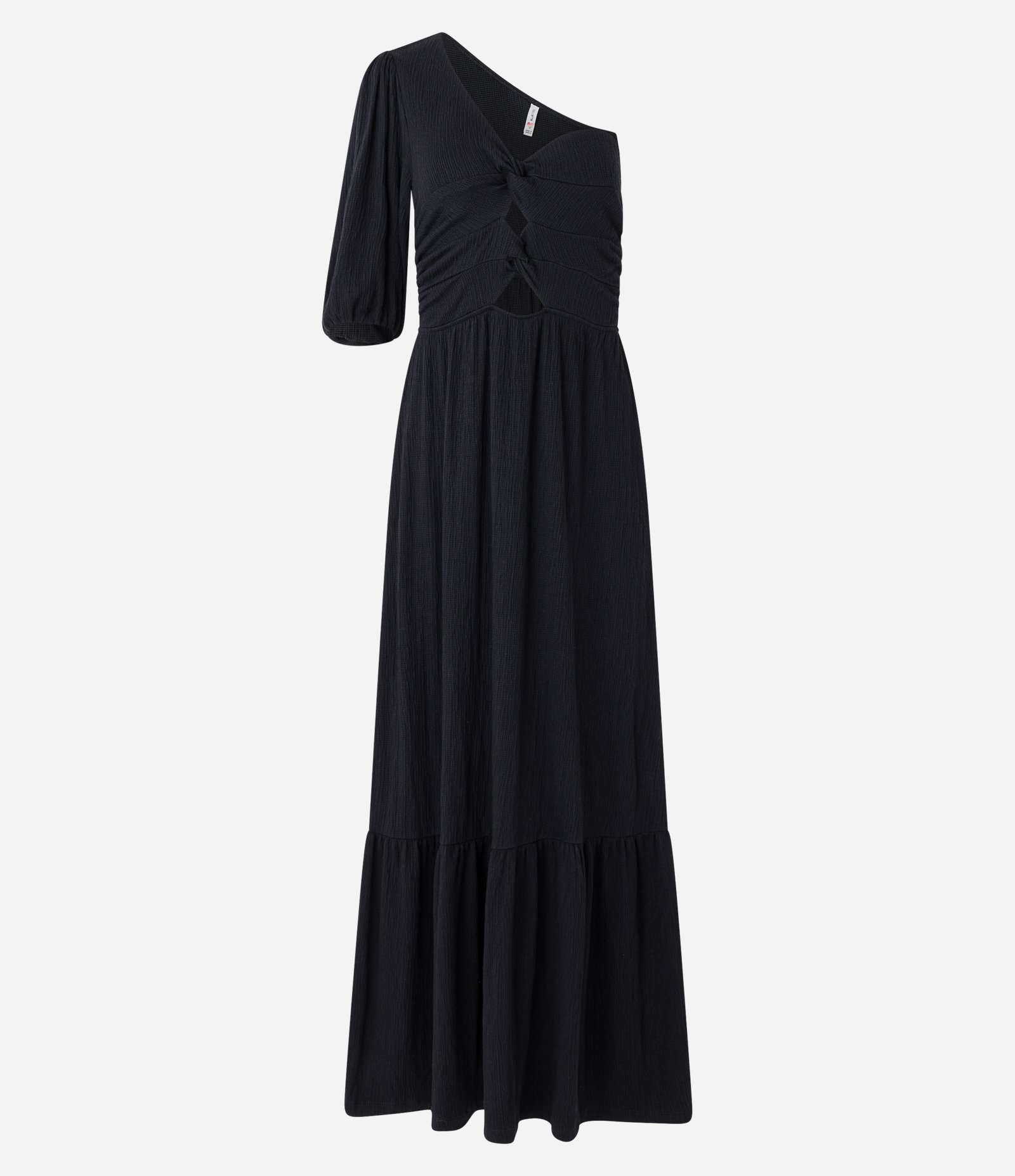 Vestido Longo Texturizado Ombro Só com Nó Duplo no Busto Preto 5
