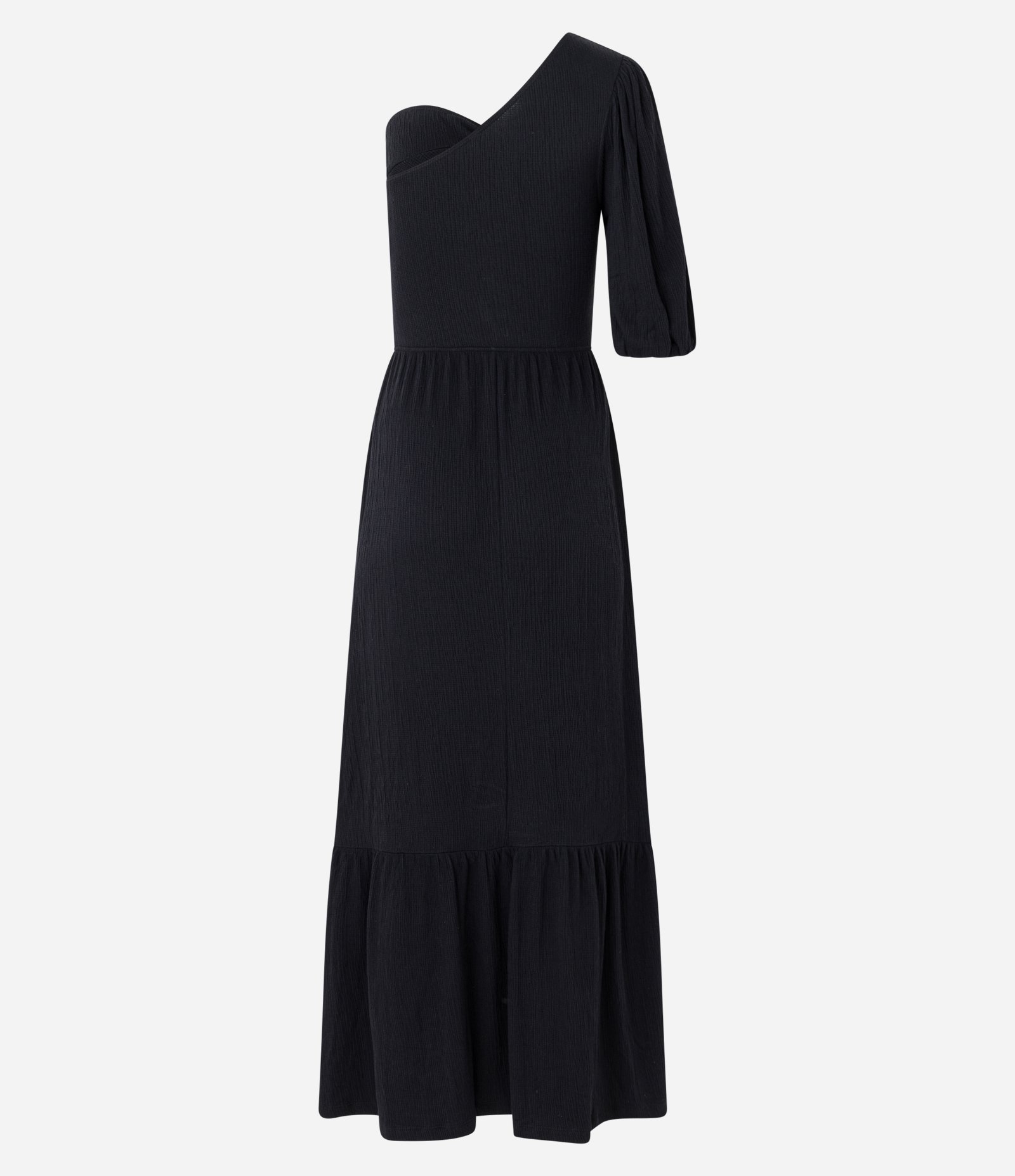 Vestido Longo Texturizado Ombro Só com Nó Duplo no Busto Preto 7