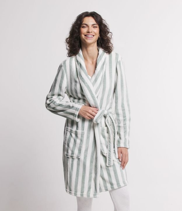Robe Curto em Fleece com Amarração e Estampa de Listras Verde 1