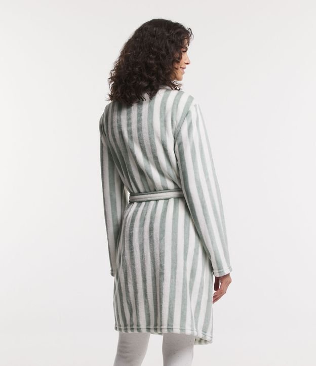 Robe Curto em Fleece com Amarração e Estampa de Listras Verde 3