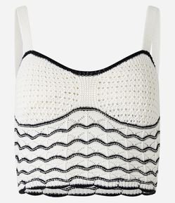 Blusa Cropped em Tricô com Decote Coração e Ondinhas Contrastantes