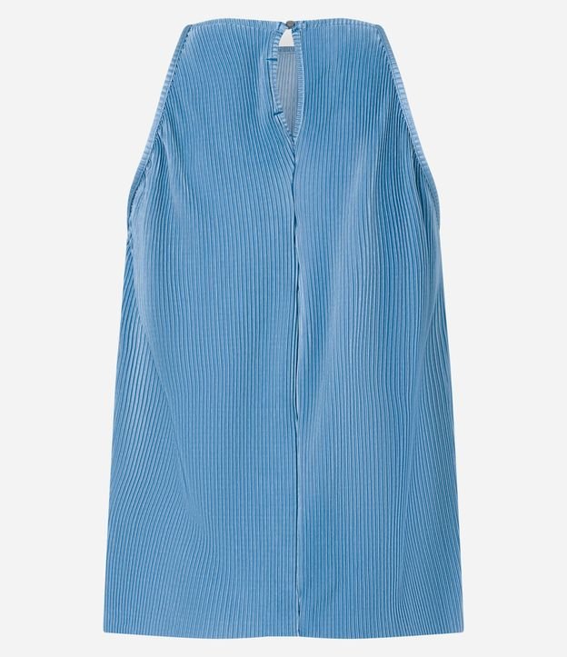 Blusa Sem Manga em Tecido Plissado com Gola Rente ao Pescoço Azul 9