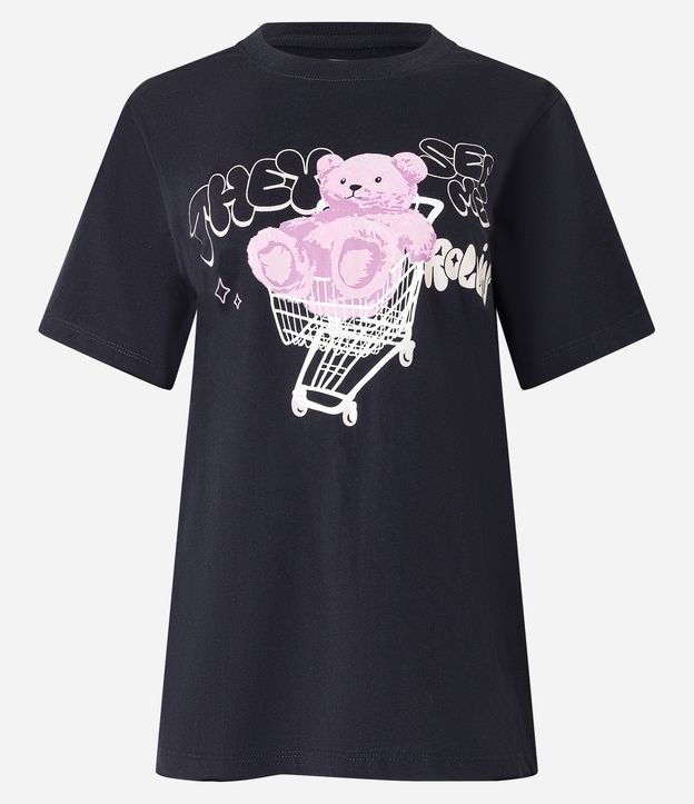 Camiseta Alongada em Meia Malha com Estampa Urso no Carrinho Preto 6