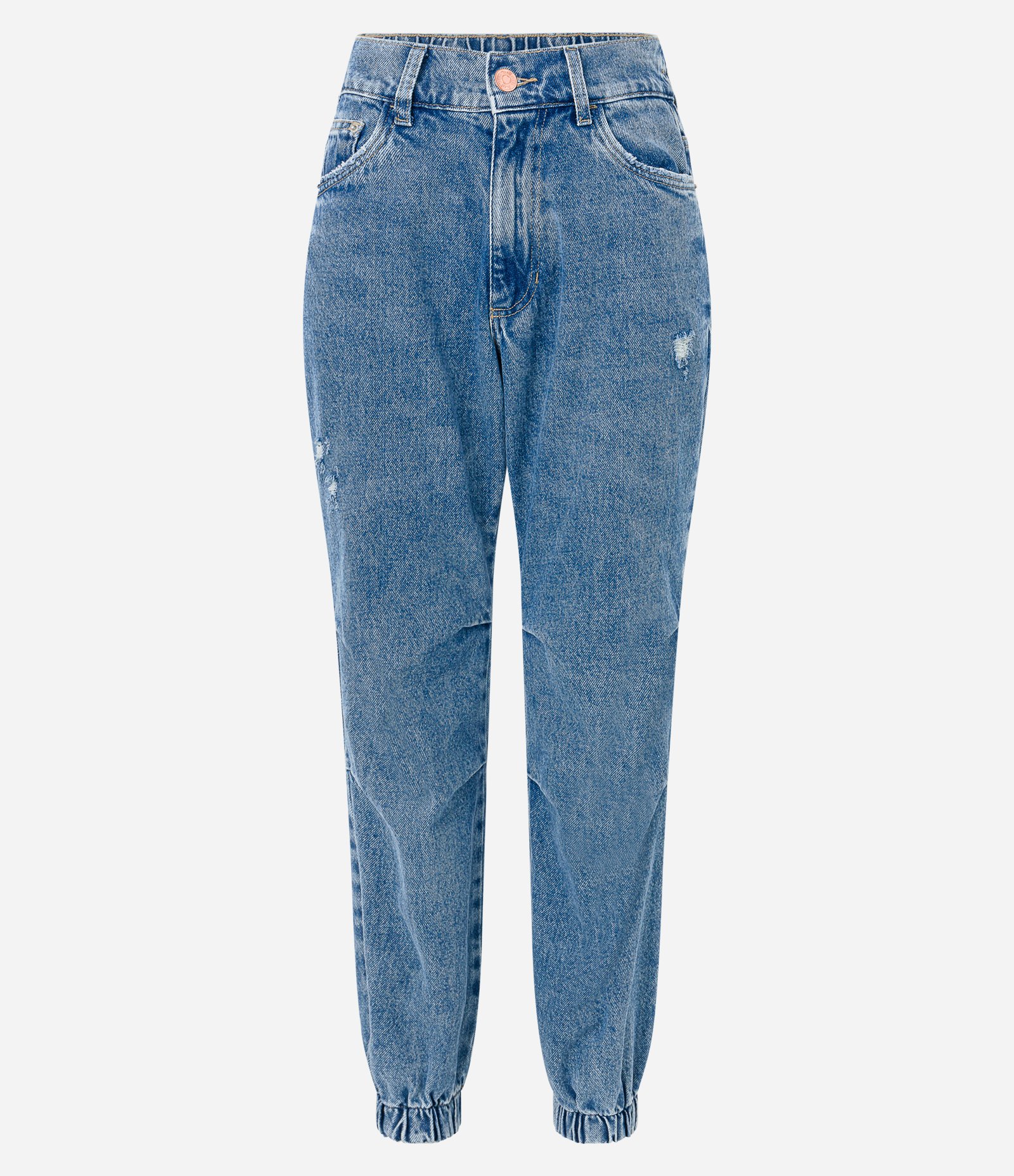 Calça Jogger em Jeans com Pregas e Puídos Azul 5