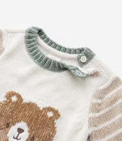 Blusão Infantil em Tricô com Estampa de Urso - Tam 0 a 18 meses