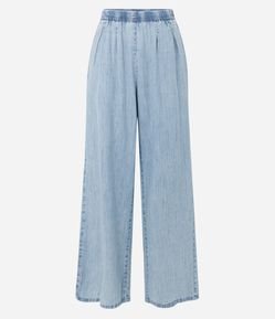 Calça Wide Leg Jeans com Cós Elástico e Preguinhas