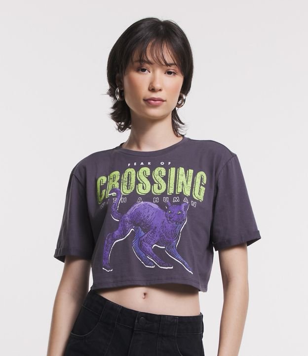 Blusa Cropped em Meia Malha com Estampa Crossing
