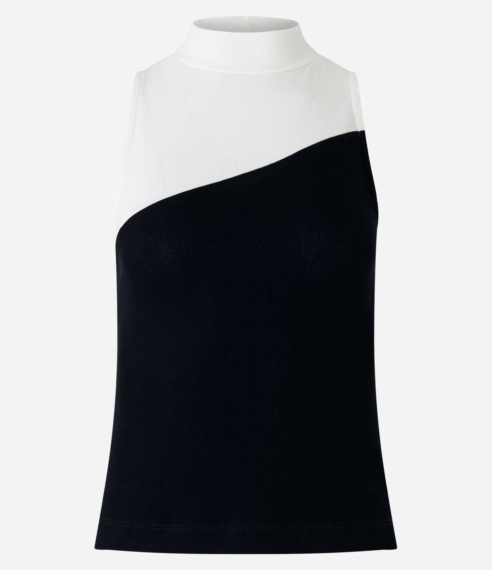 Blusa sem Manga em Ribana com Gola Alta e Bloco de Cor Off White/Preto 1