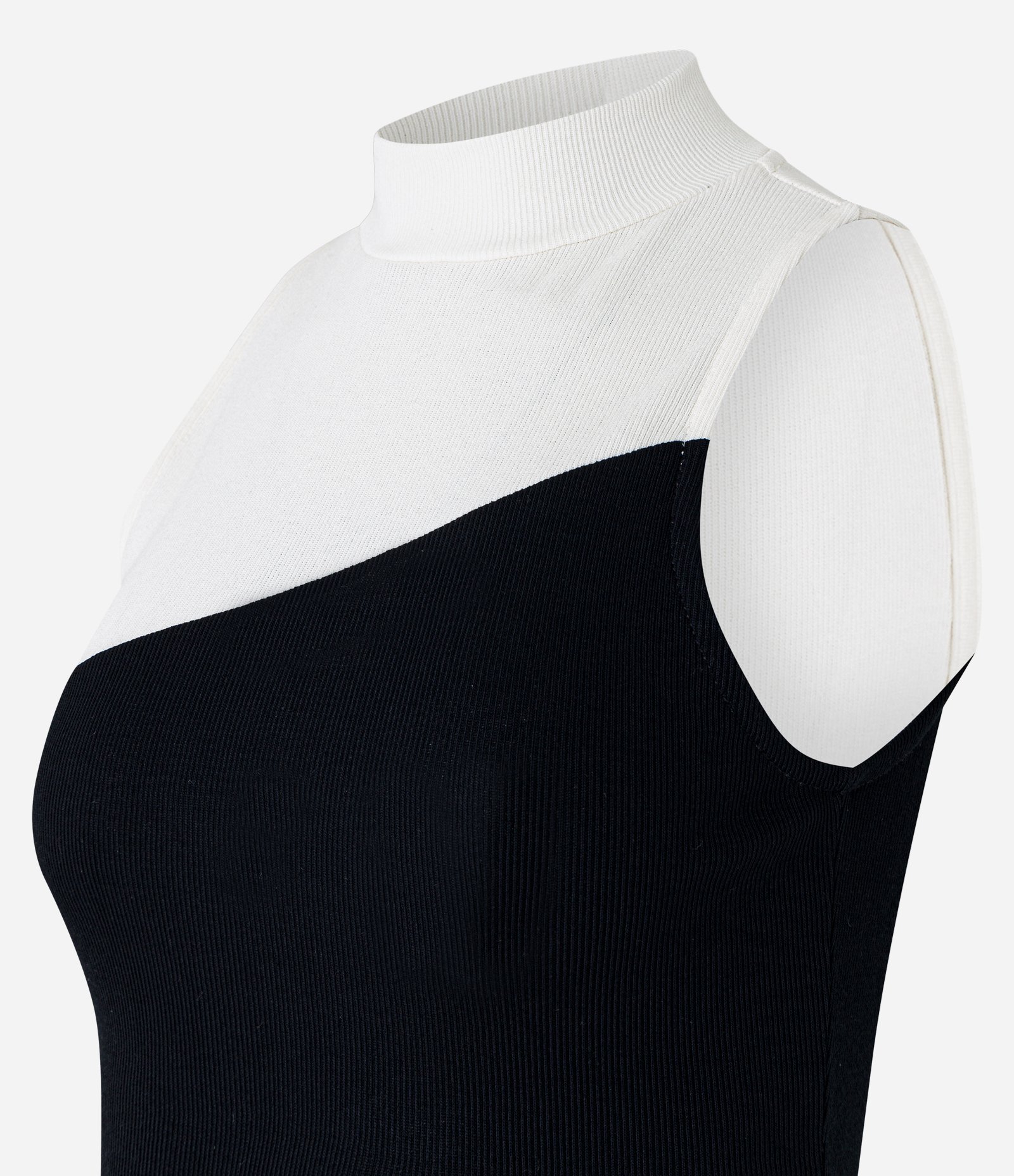 Blusa sem Manga em Ribana com Gola Alta e Bloco de Cor Off White/Preto 3