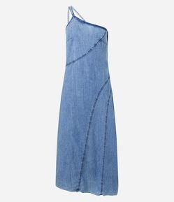 Vestido Midi Jeans com Decote Um Ombro Só e Recortes