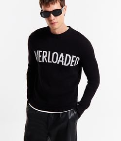 Suéter em Tricô com Texturas e Estampa Lettering Overloaded