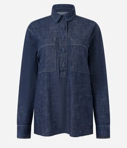 Camisa Alongada Jeans com Botões e Bolsos Frontais