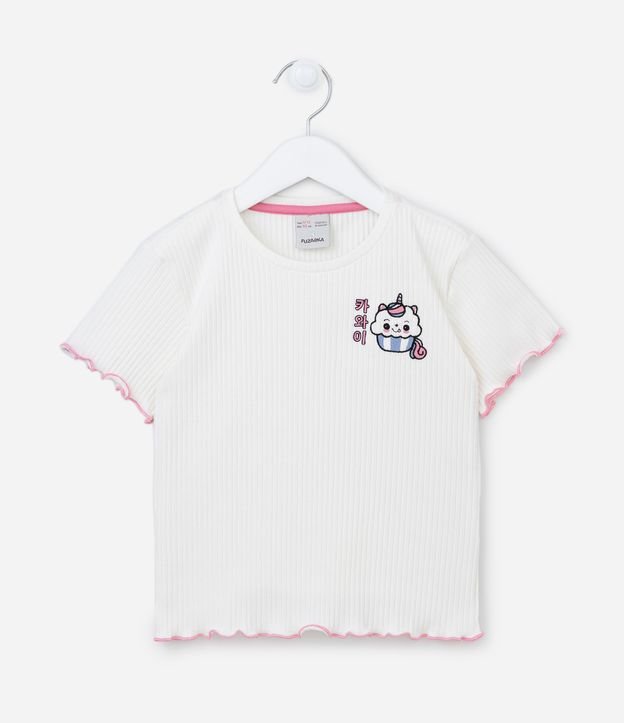 Camiseta Cropped Infantil Canelada com Bordado de Cupcake - Tam 5 a 14 anos Off White 1