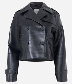 Jaqueta Curta em Pu com Bolsos e Martingale no Punho