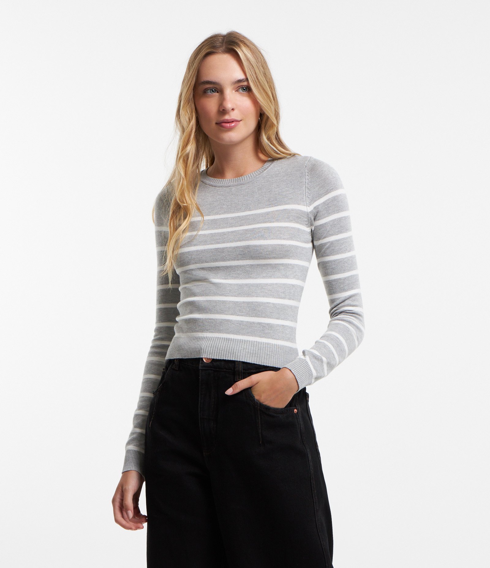 Blusa Manga Longa em Viscose Listrada Cinza 1