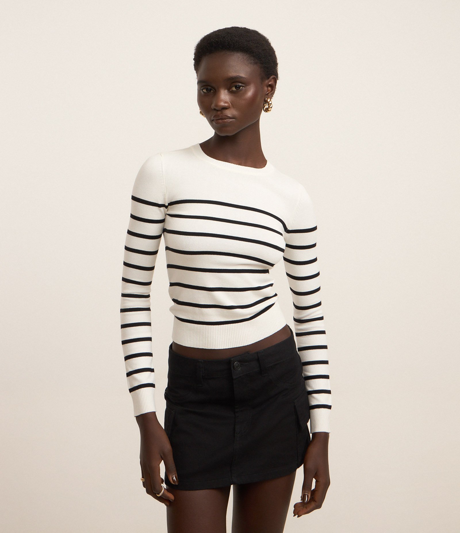 Blusa Manga Longa em Viscose Listrada Branco 1