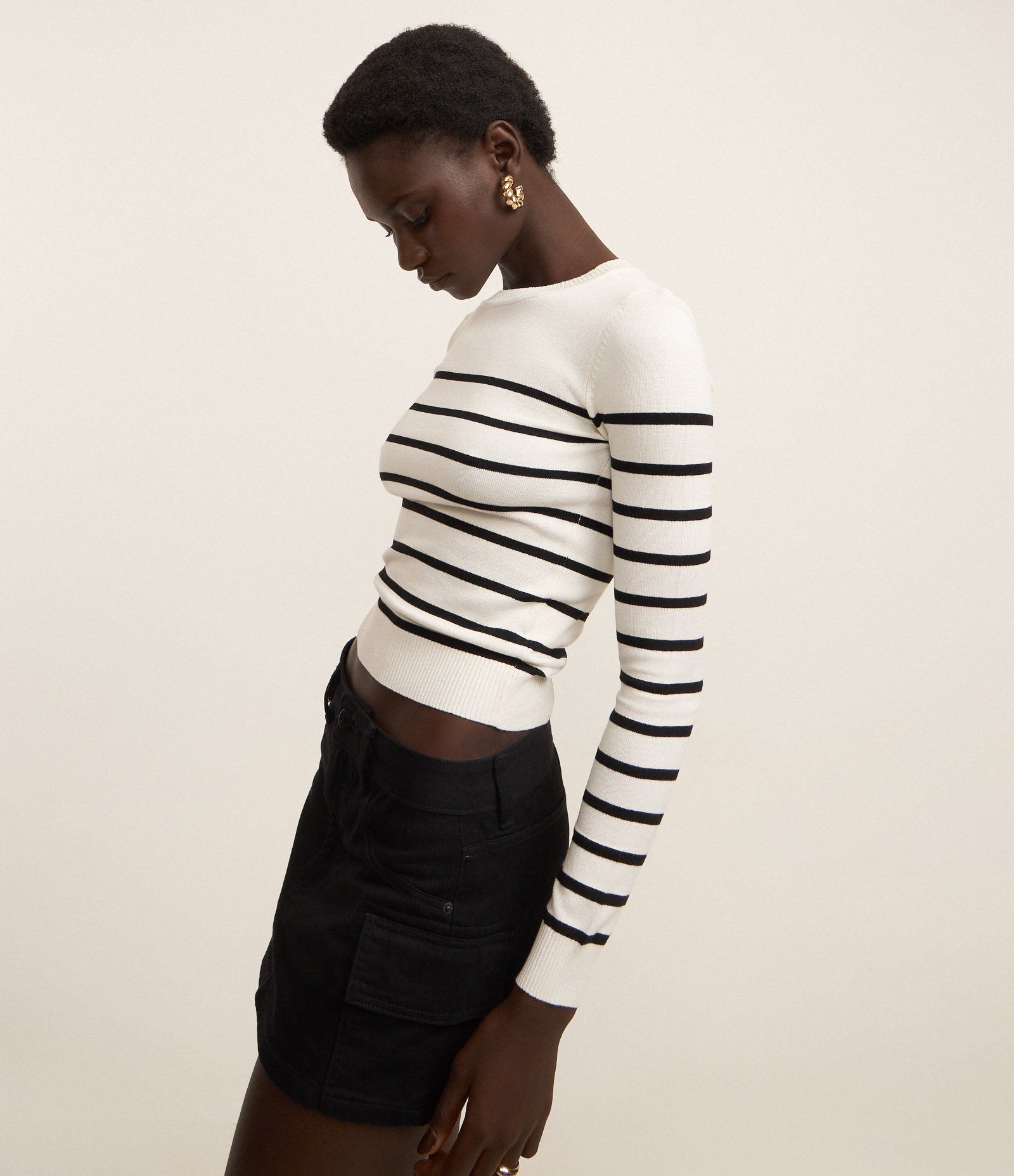 Blusa Manga Longa em Viscose Listrada Branco 4