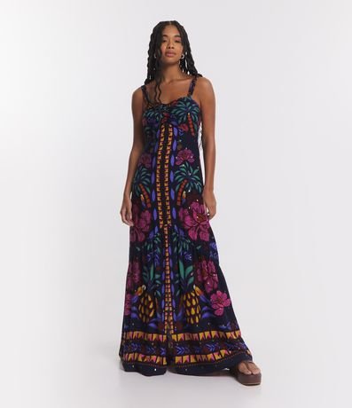 Vestido New Midi em Viscose com Busto Franzido e Estampa de Folhagens Menor preço em Vestido New Midi em Viscose com Busto Franzido e Estampa de Folhagens
