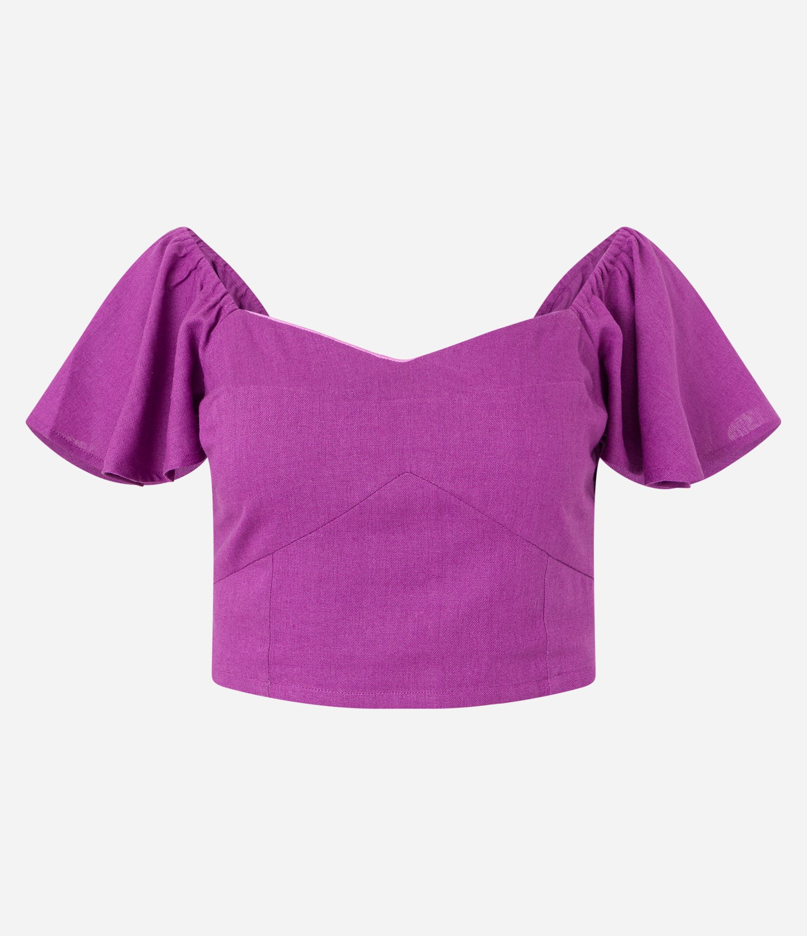 Blusa Curta em Linho com Babados e Lastex nas Costas Roxo 5