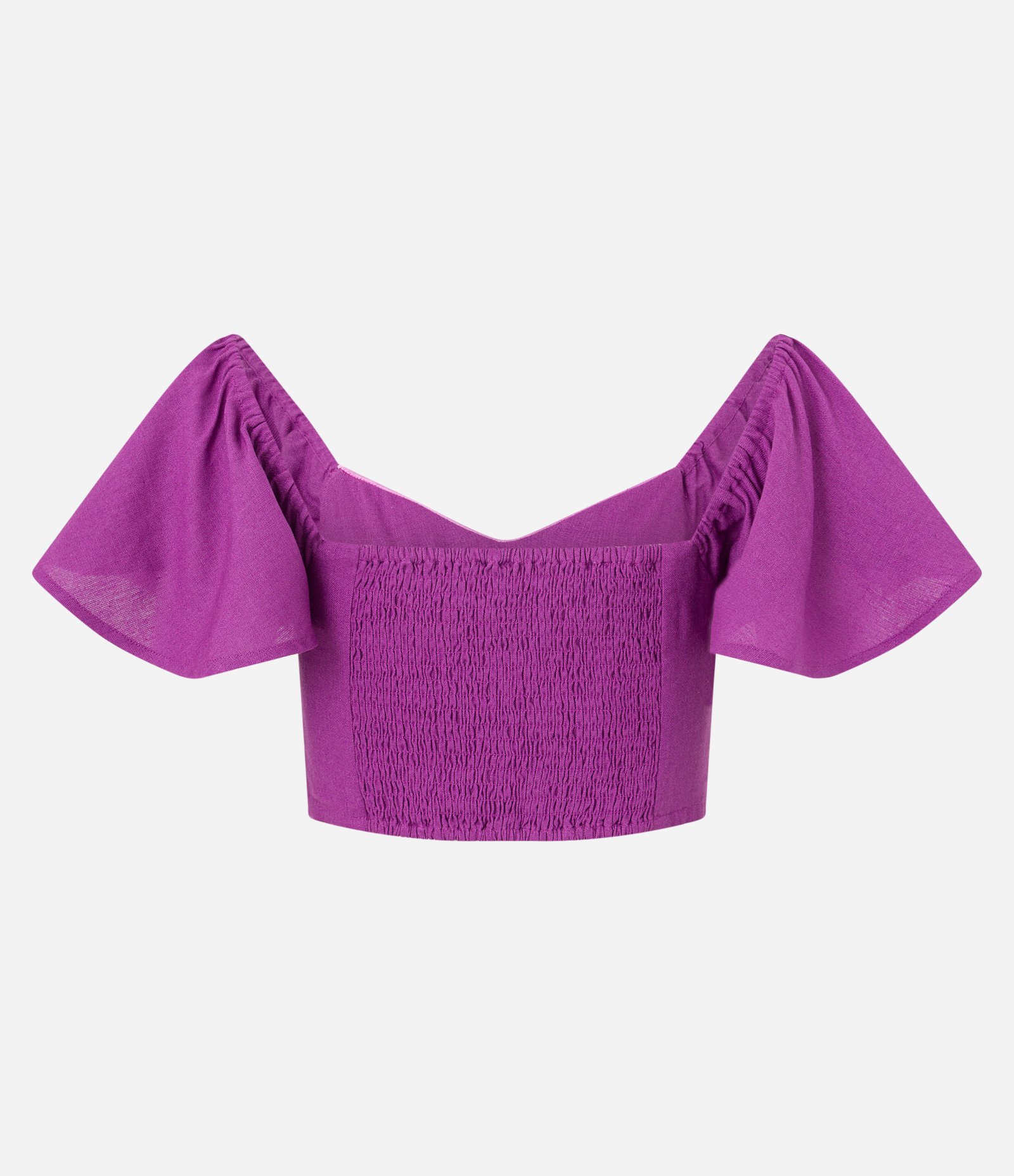 Blusa Curta em Linho com Babados e Lastex nas Costas Roxo 6