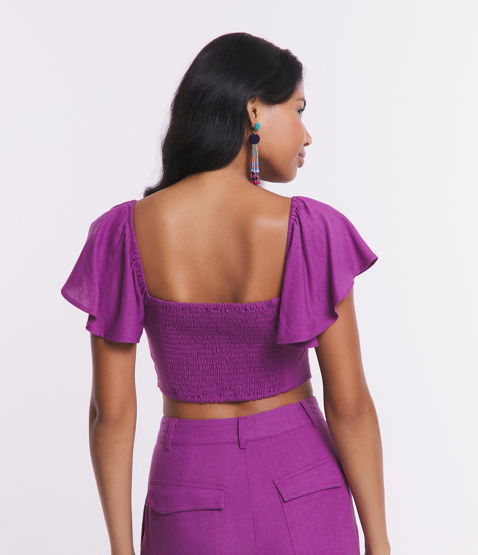 Blusa Curta em Linho com Babados e Lastex nas Costas Roxo 3