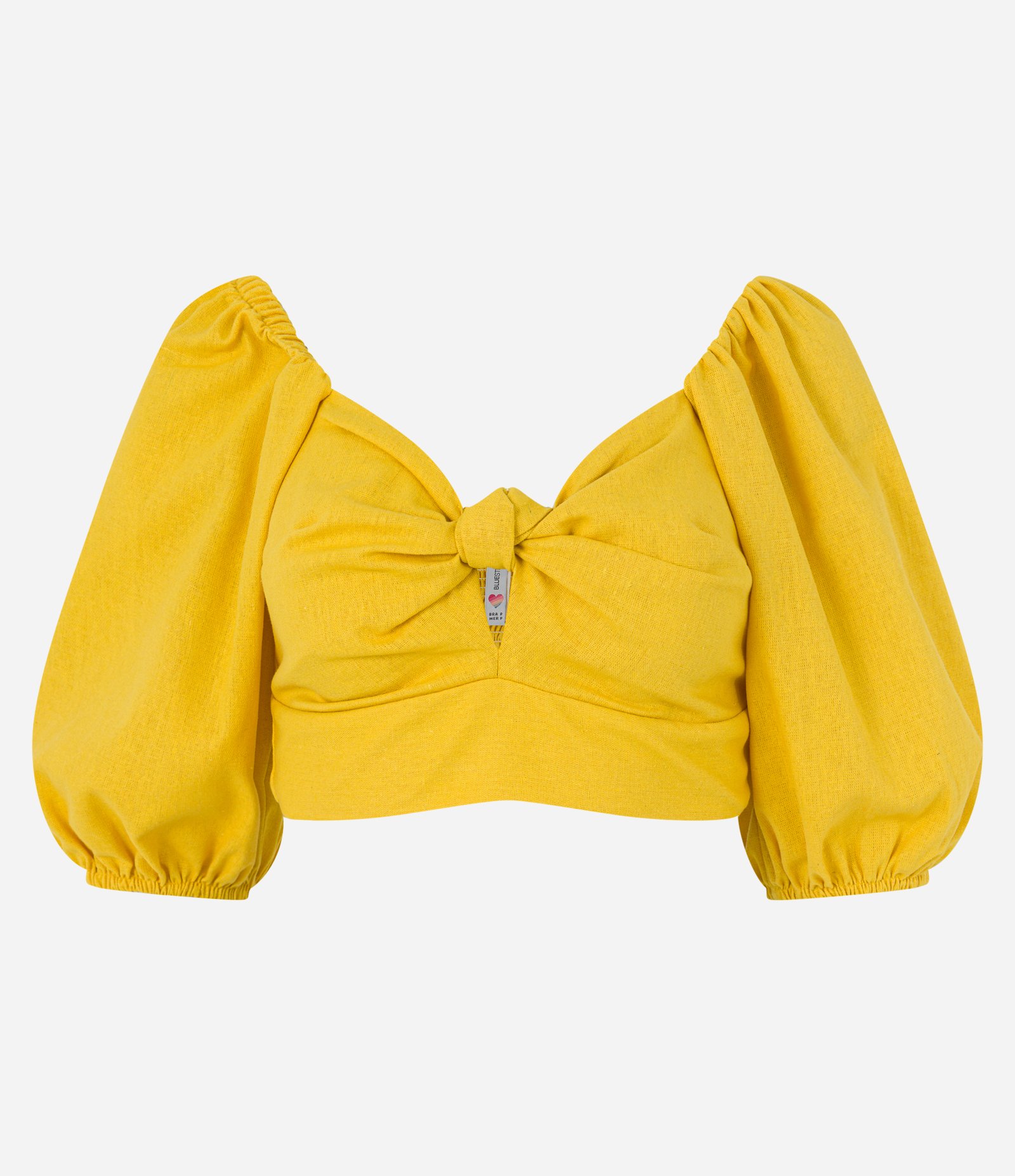 Blusa Cropped em Linho com Manga 3/4 e Nózinho no Busto Amarelo 5