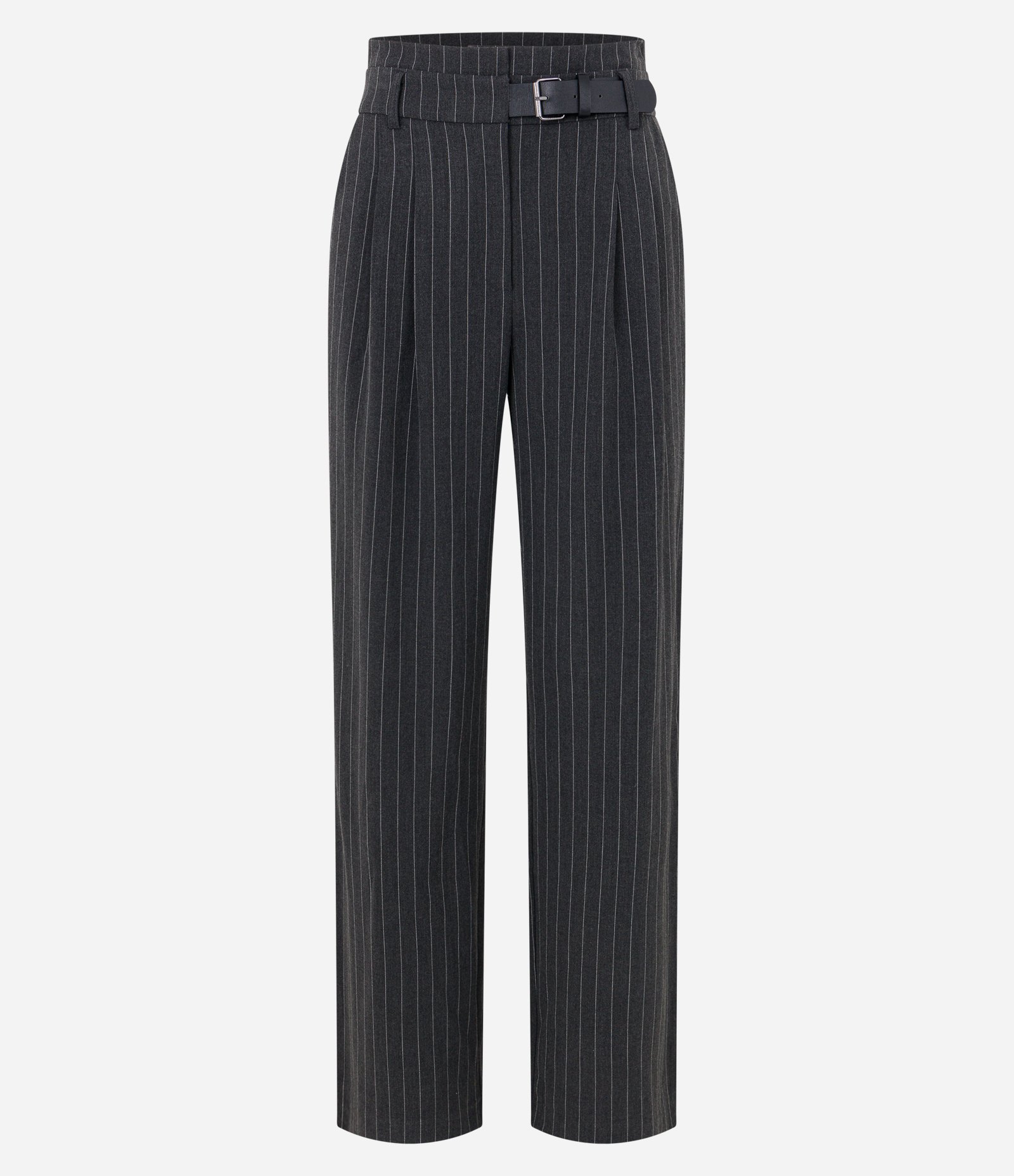 Calça Wide Leg Alfaiatada com Cintinho e Estampa Risca de Giz Cinza 5