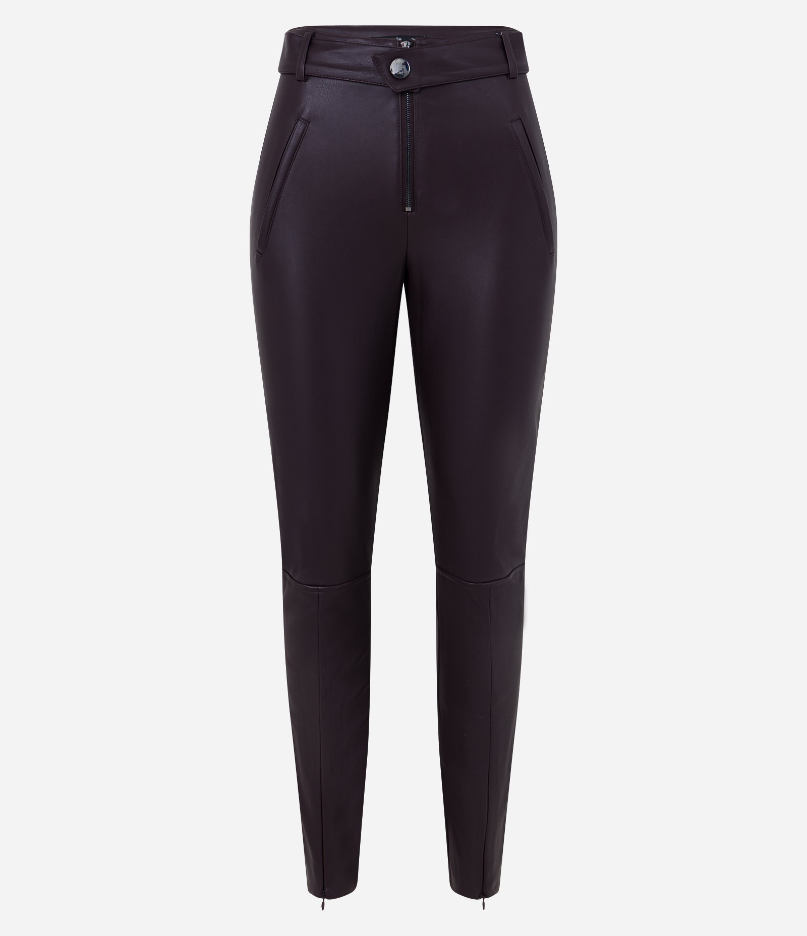 Calça Skinny em Material Sintético com Botão no Cós e Recortes Marrom 6