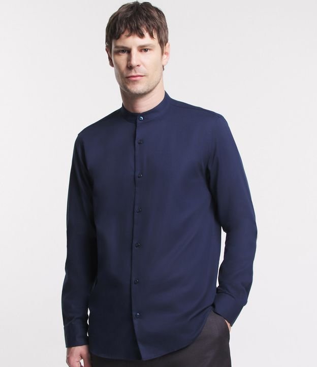 Camisa Regular Básica em Oxford com Gola Padre Azul Escuro 4