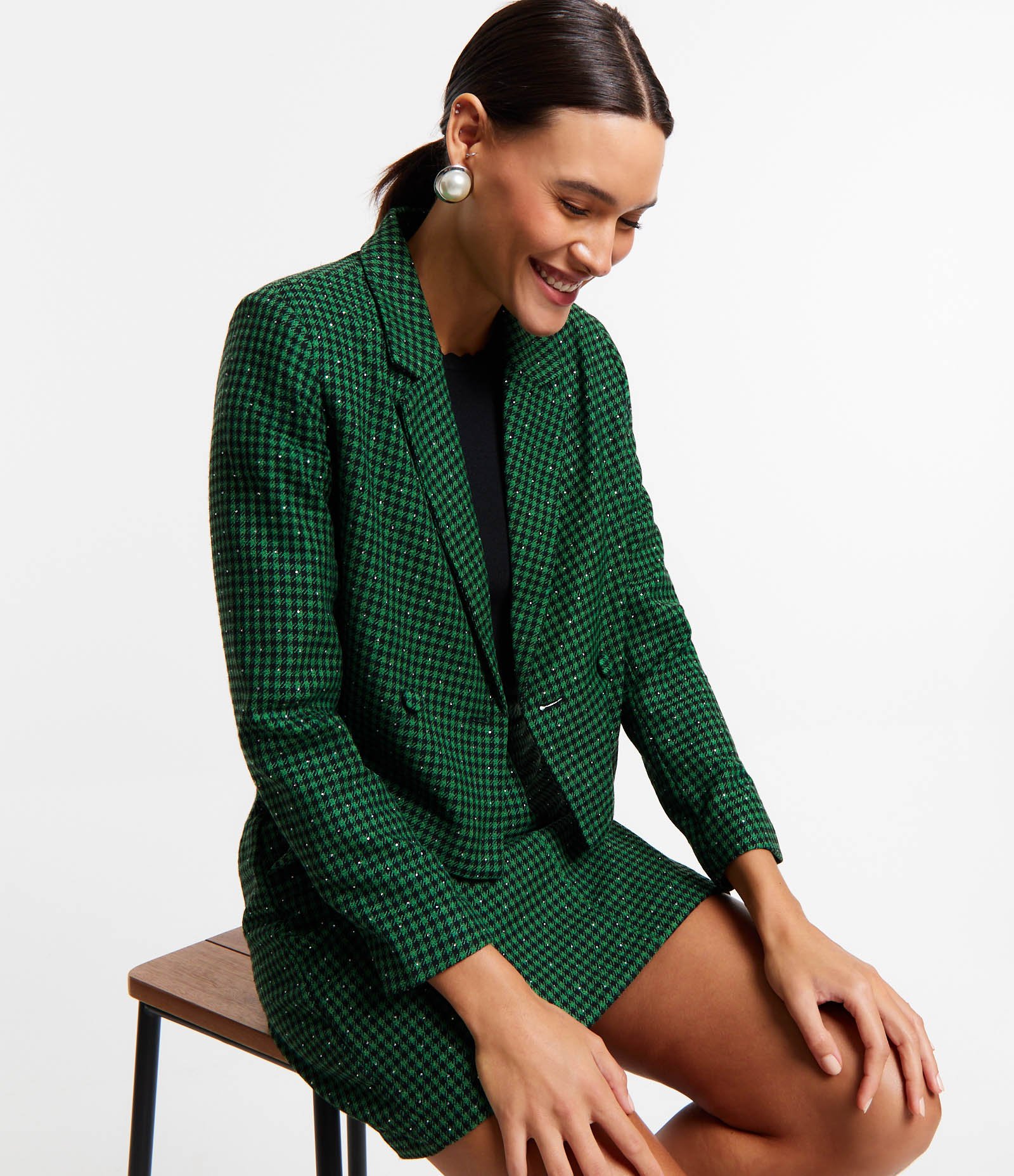 Saia Reta em Tweed com Estampa Pied de Poule Verde 3