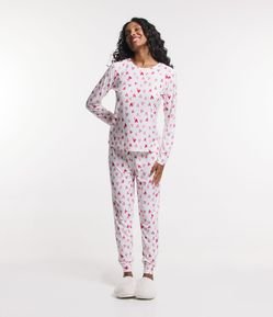 Pijama Longo em Meia Malha com Estampa de Corações