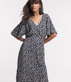 Vestido Midi em Viscose com Manga Flare e Estampa Floral