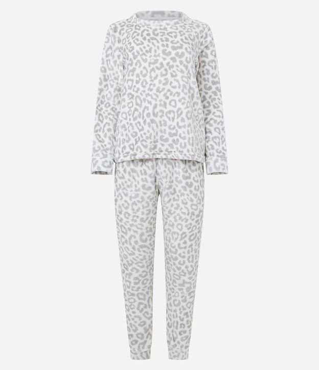 Pijama Longo em Fleece com Estampa de Onça Branco Neve 5