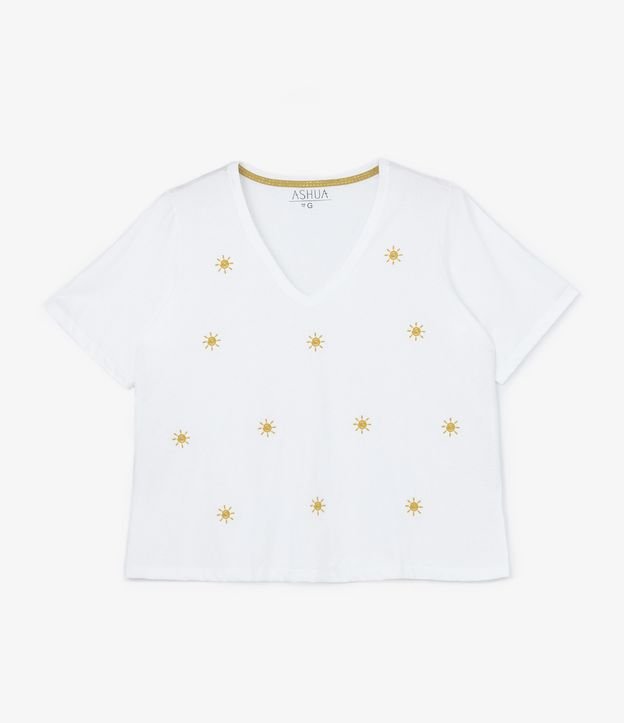 Blusa em Meia Malha com Bordado Mini Sol Curve & Plus Size Branco 5