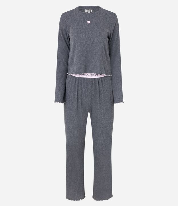 Pijama Longo em Tricô com Cós Elástico com Lettering Cinza 5