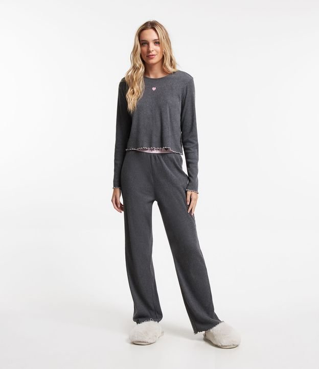 Pijama Longo em Tricô com Cós Elástico com Lettering Cinza 1