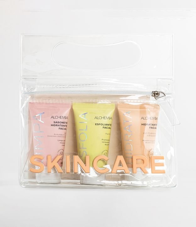 Kit Skincare com Necessaire Transparente + 1 Sabonete Liquido + 1 Sabonete Esfoliante + 1 Hidratante para o Rosto Alchemia KIT 1