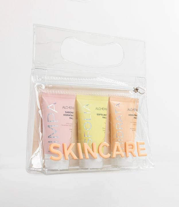 Kit Skincare com Necessaire Transparente + 1 Sabonete Liquido + 1 Sabonete Esfoliante + 1 Hidratante para o Rosto Alchemia KIT 3