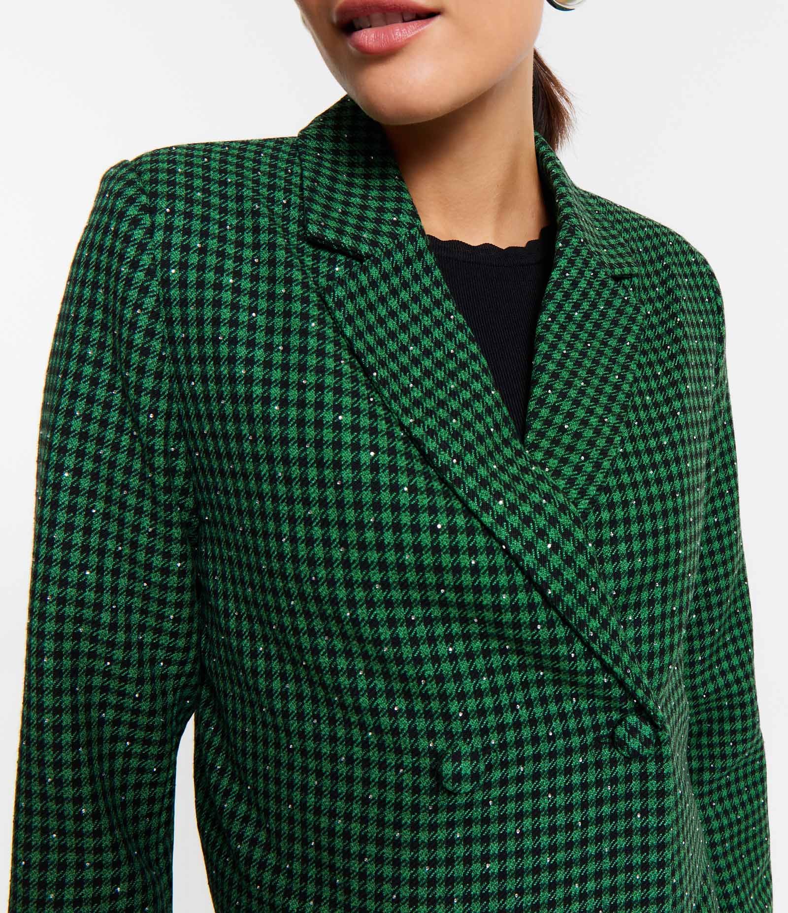 Blazer Cropped Alfaiatada com Estampa Xadrez e Aplicação de Strass Hotfix Verde 6