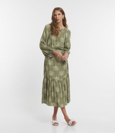 Vestido Midi em Viscolinho com Manga Bufante e Estampa Folhagem Menor preço em Vestido Midi em Viscolinho com Manga Bufante e Estampa Folhagem