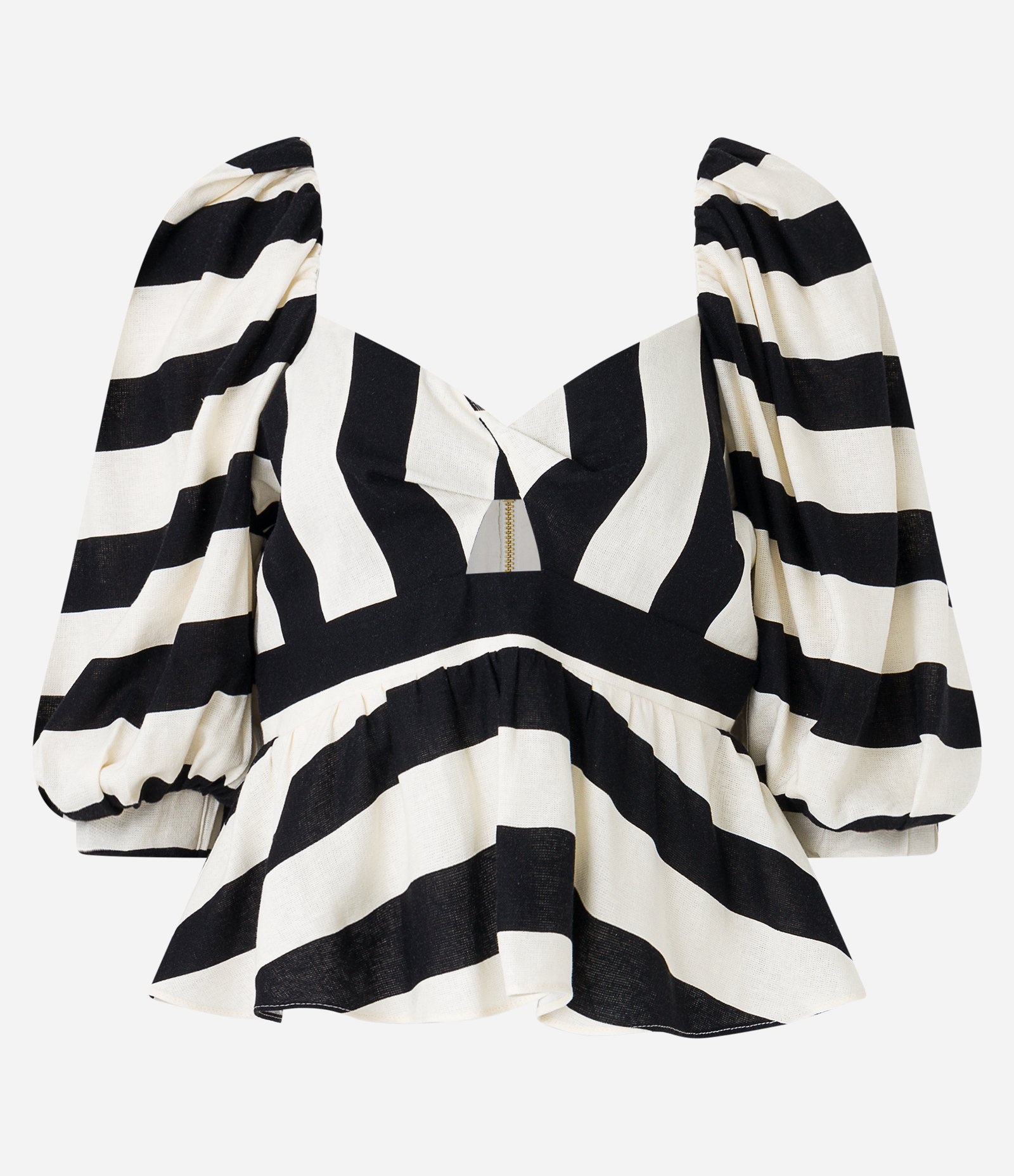 Blusa em Linho Manga Bufante com Listras e Busto Torcido Branco/Preto 8