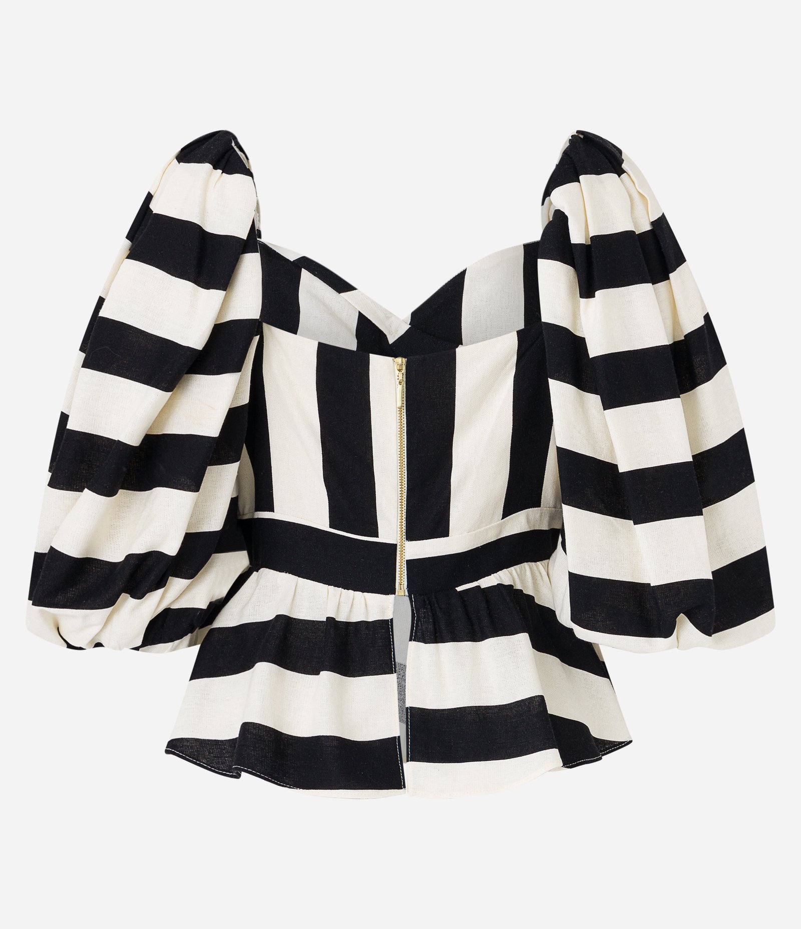 Blusa em Linho Manga Bufante com Listras e Busto Torcido Branco/Preto 9