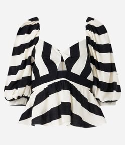 Blusa em Linho Manga Bufante com Listras e Busto Torcido