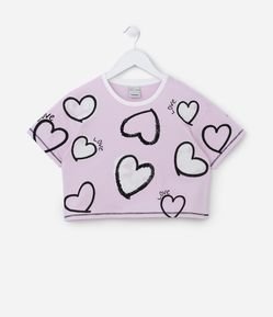 Camiseta Cropped Infantil em MEia Malha com Estampa de Corações - Tam 5 a 14 anos