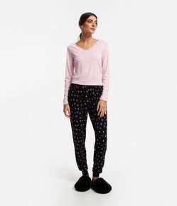 Blusa de Pijama em Ribana com Renda no Decote