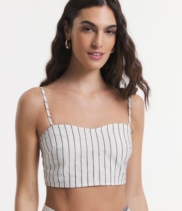 Blusa De Alça Cropped Em Linho Com Listras Em Fio Tinto E Lastex Nas